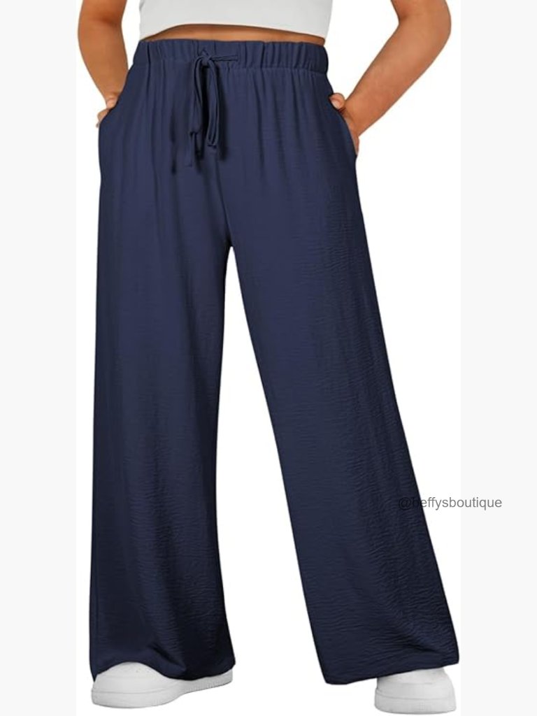Plus Size Wide Leg Pants High Waist Drawstring Casual Loose Trousers With